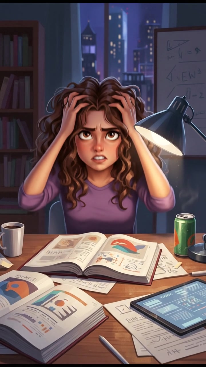 Maya, looking frustrated, leans over her desk with her hands in her hair, surrounded by open textbooks.