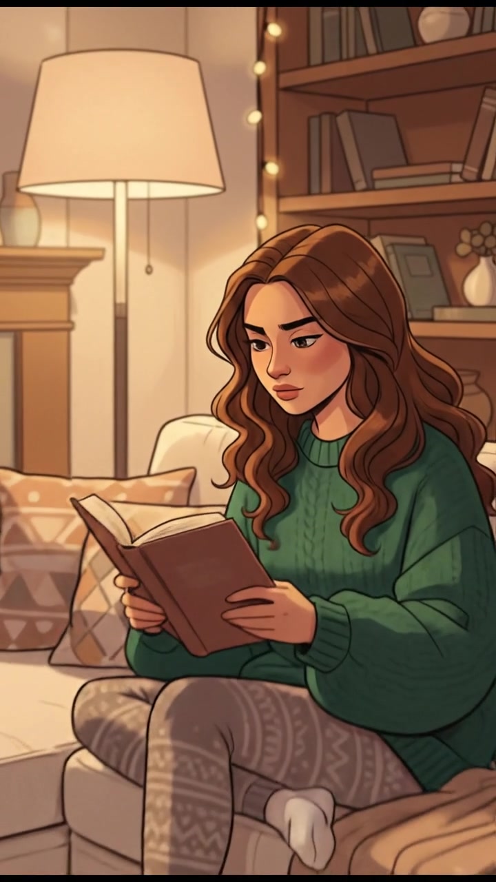 A cozy living room with warm lighting, showing Maya sitting on a couch, reading a book attentively.