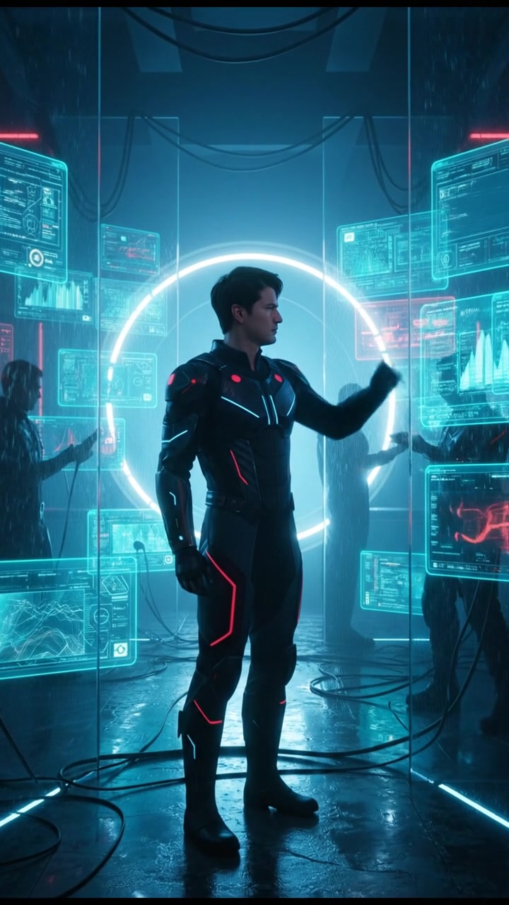 Ken standing in a futuristic room filled with glowing technology, surrounded by screens displaying data.