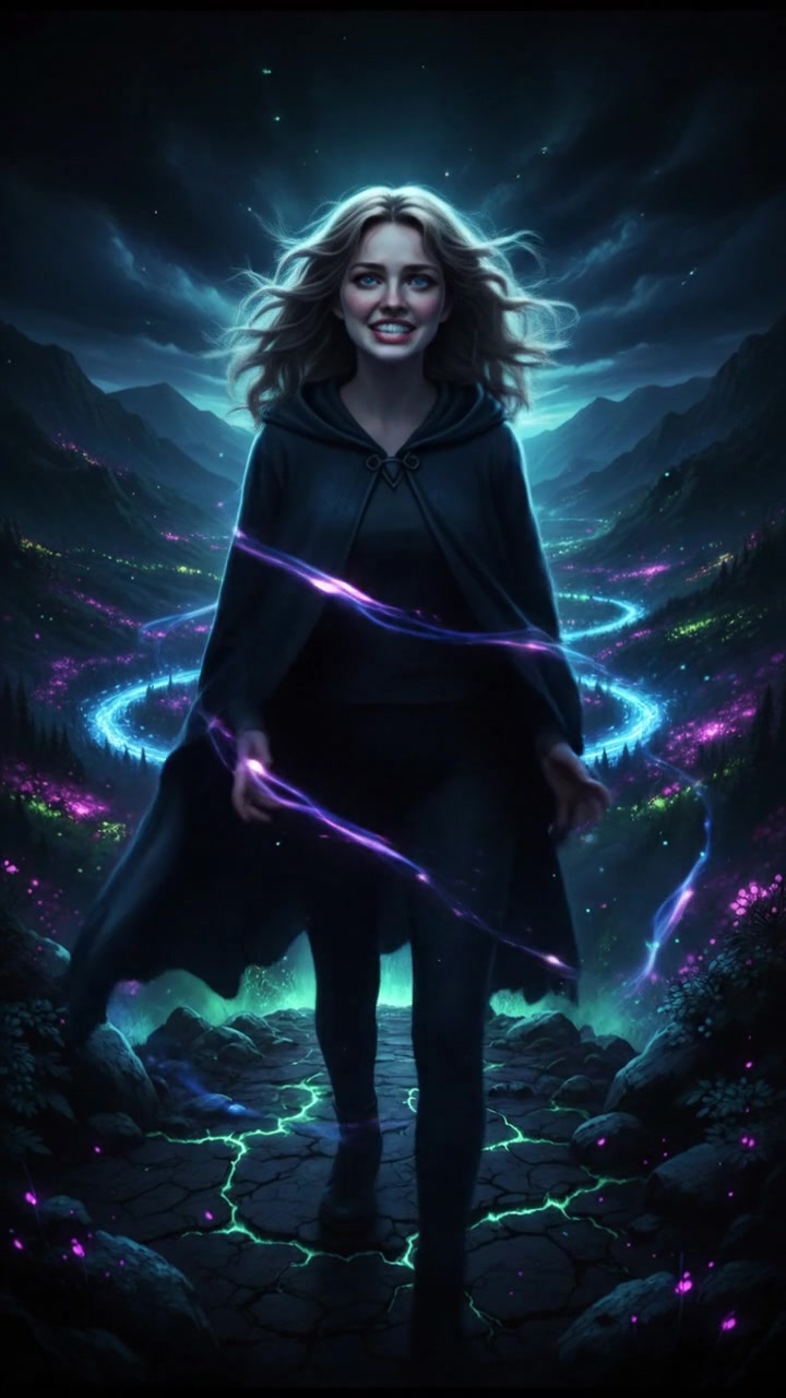 Ashley standing on a hilltop overlooking a lush valley, speaking with urgency as the wind blows her hair.