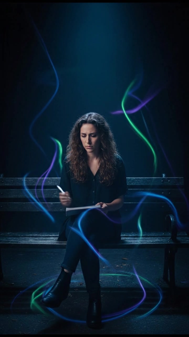 The Maya sitting on a park bench with a notepad, looking thoughtfully at the ground.