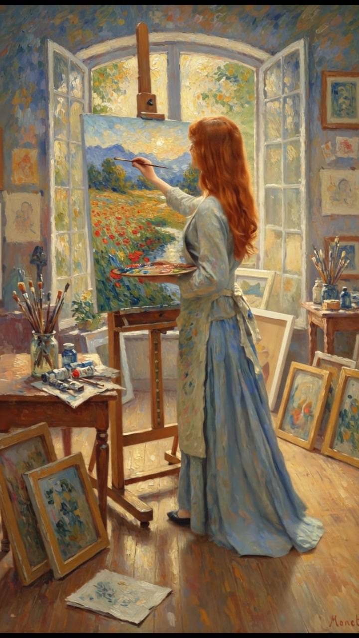 A cozy studio filled with canvases and brushes, with Emma painting a colorful landscape on an easel.
