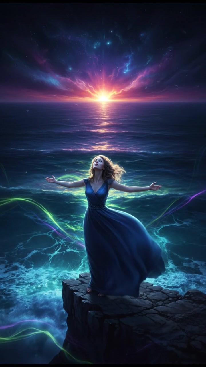 The Ashley stands on a cliff overlooking the ocean at sunset, arms stretched wide.