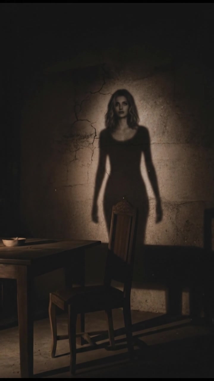A dimly lit room with a shadowy outline on the wall, hinting at Ashley's presence.