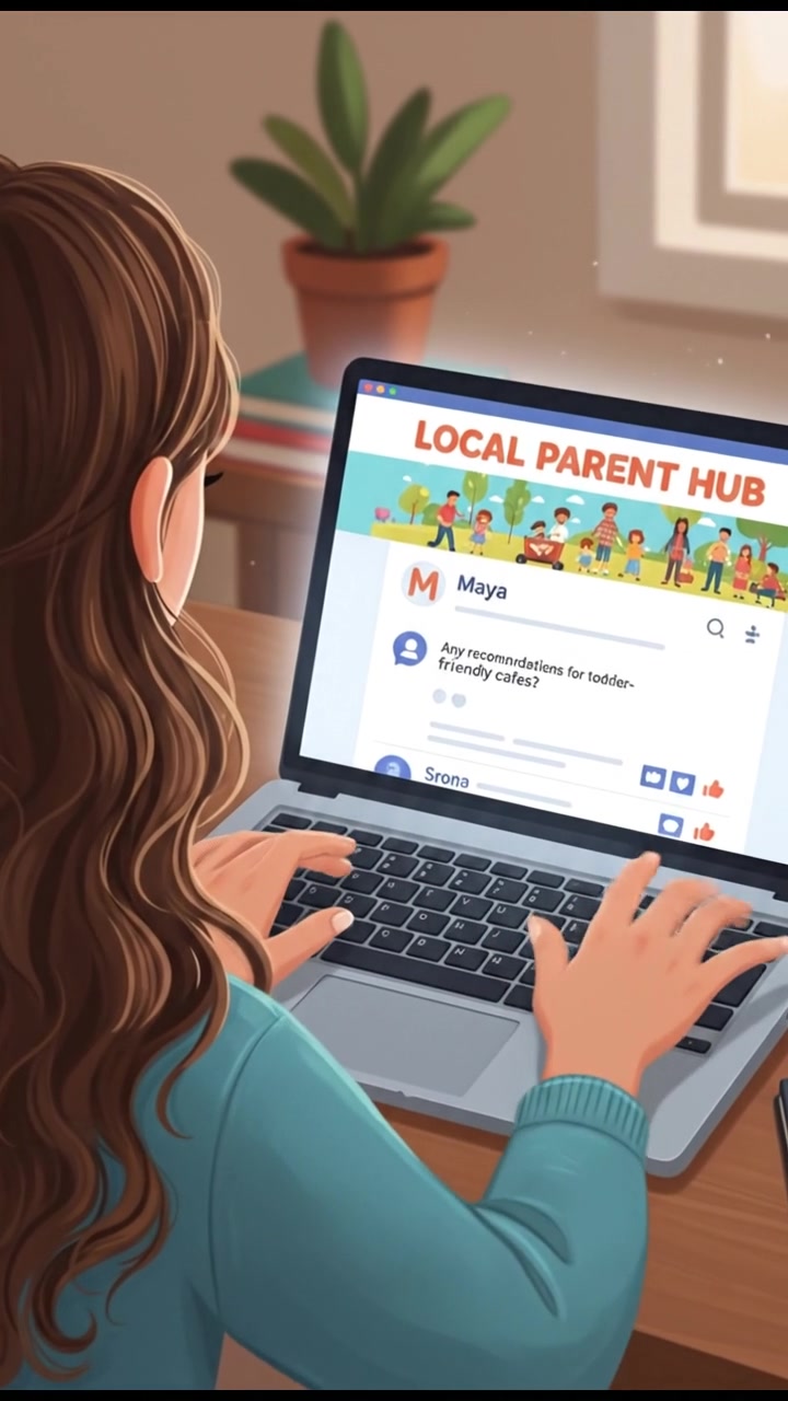 A close-up view of Maya’s hands typing on the keyboard, with a vibrant Facebook Group page for local parents displayed on the laptop screen.