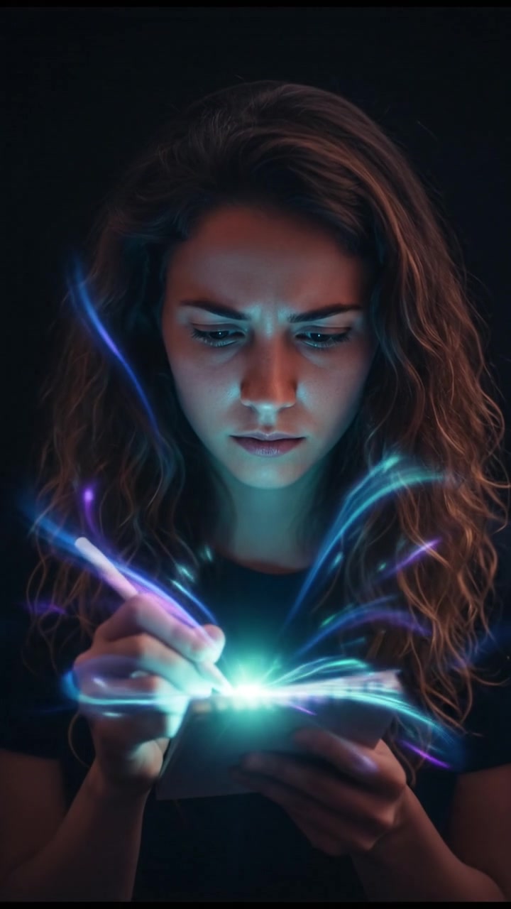 Close-up of Maya examining a notepad, jotting down ideas with a focused expression.