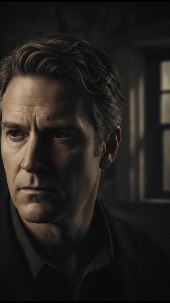 A close-up of Mark, looking contemplative and serious, with dim lighting accentuating his features.