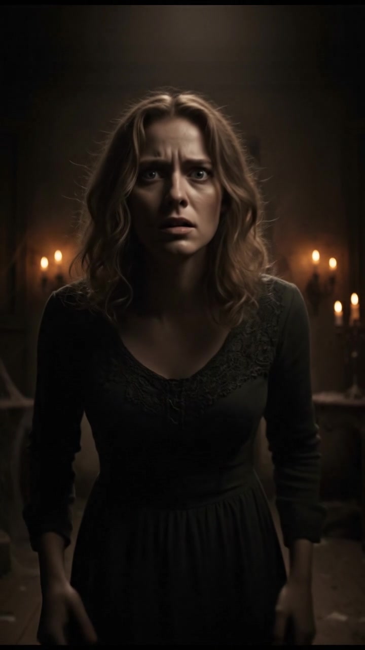 Ashley, standing alone in a dimly lit room, clutches her hands tightly, her face expressing fear.