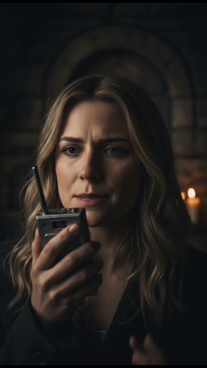 A close-up of Ashley's face, looking determined as she speaks into a handheld recorder.