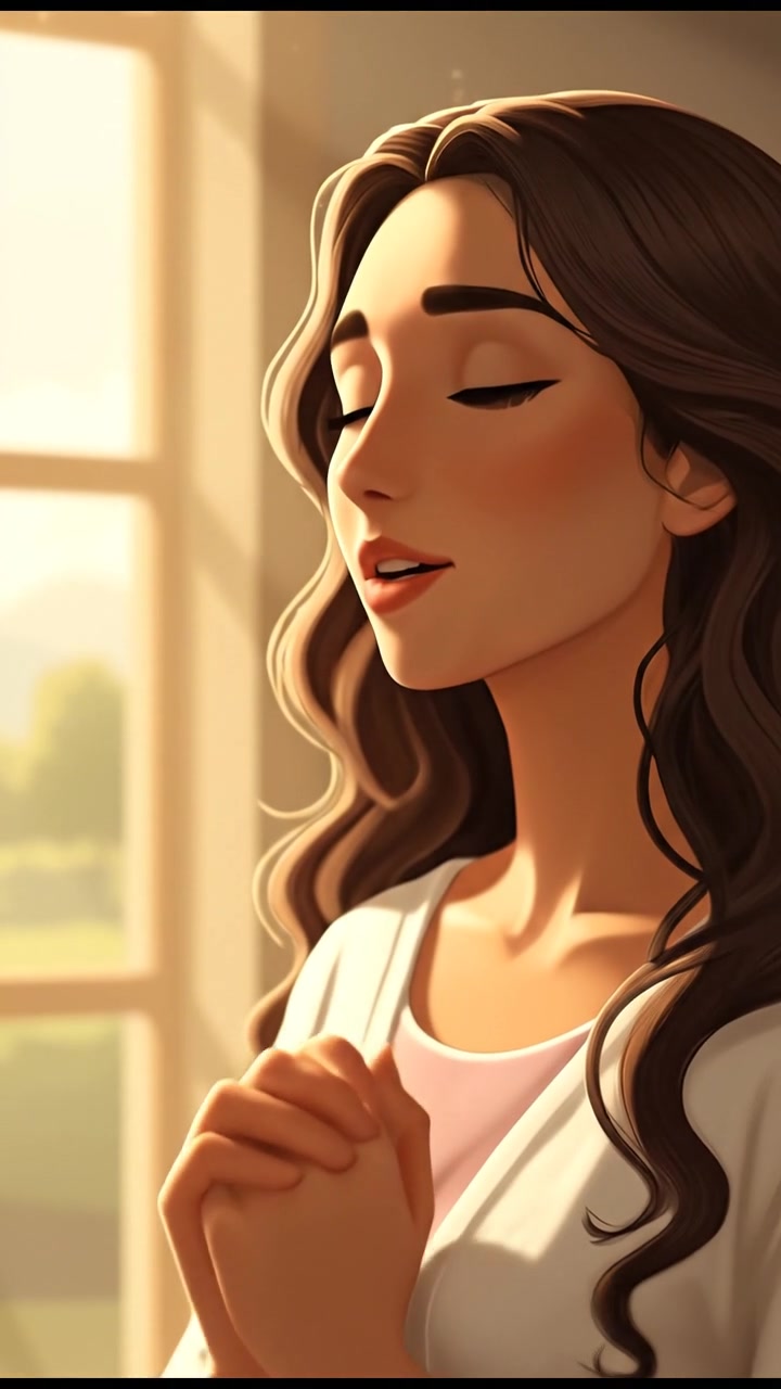 Maya stands alone in a quiet room, softly whispering with her hands clasped together, sunlight streaming through a window.