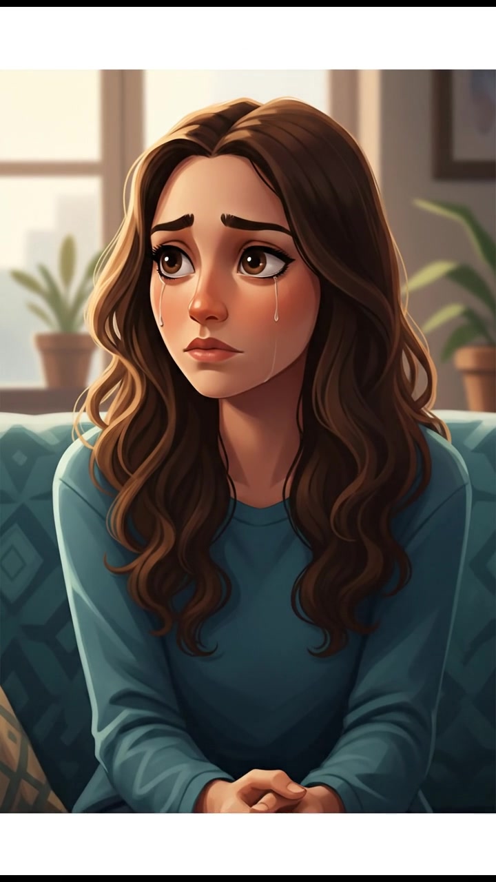 Close-up of Maya sitting on a couch, her hands clasped tightly, with a distant gaze and a tear rolling down her cheek.