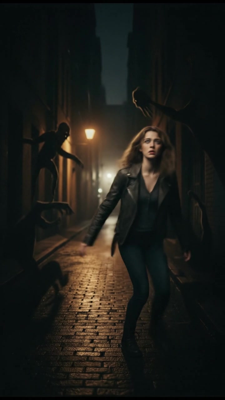 A shadowy alleyway at night, with Ashley stepping back as shadows loom around her.