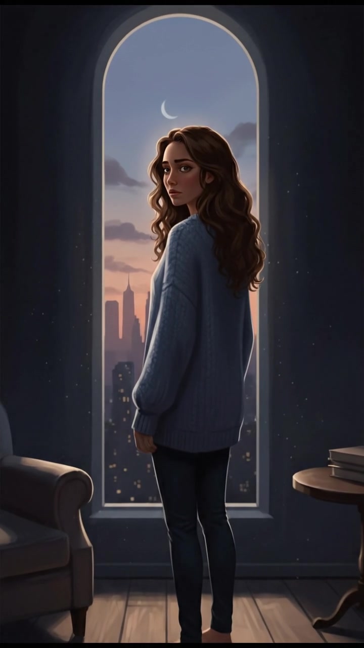 Maya standing alone in a dimly lit room, looking out the window with a distant expression.