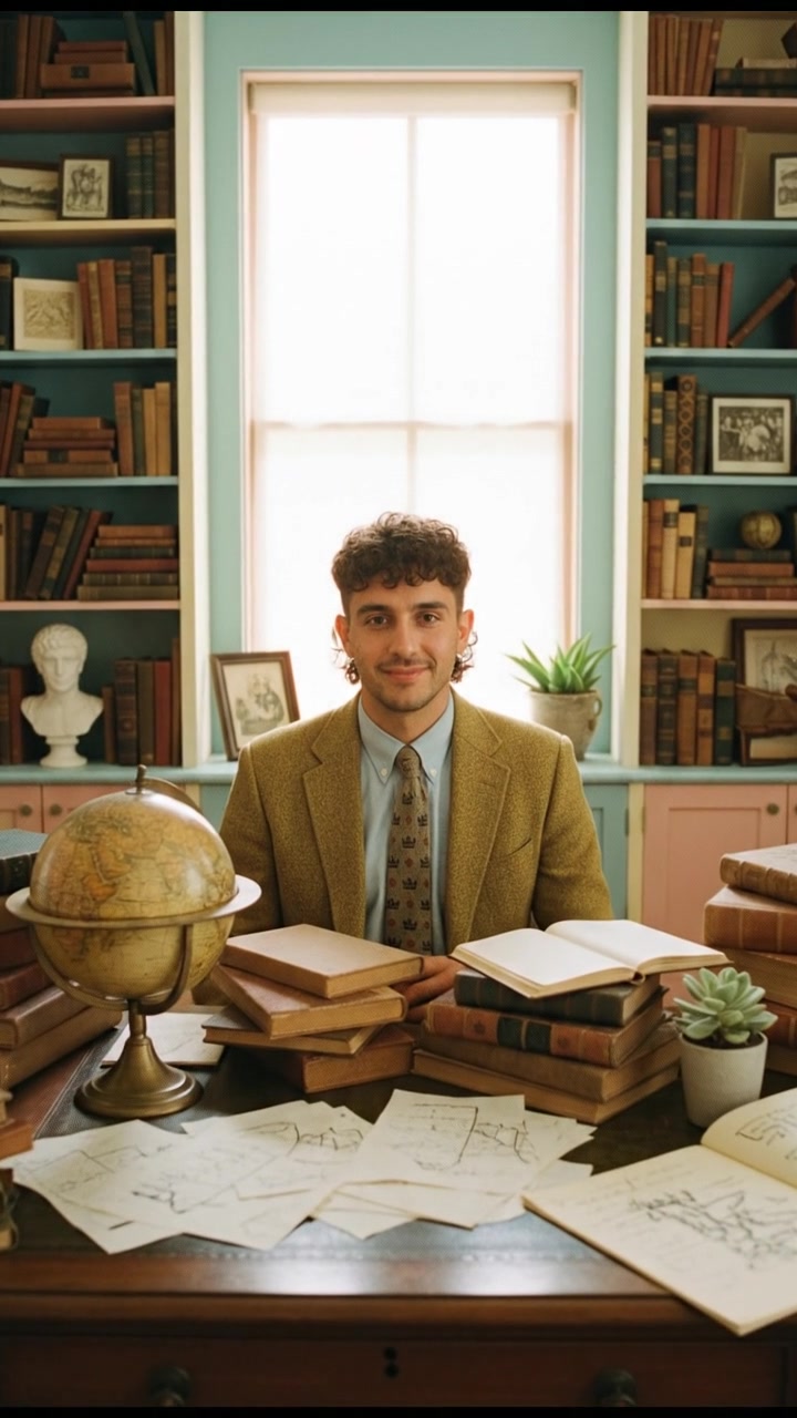 A close-up of the Mateo sitting at a desk, surrounded by books and notes about history.