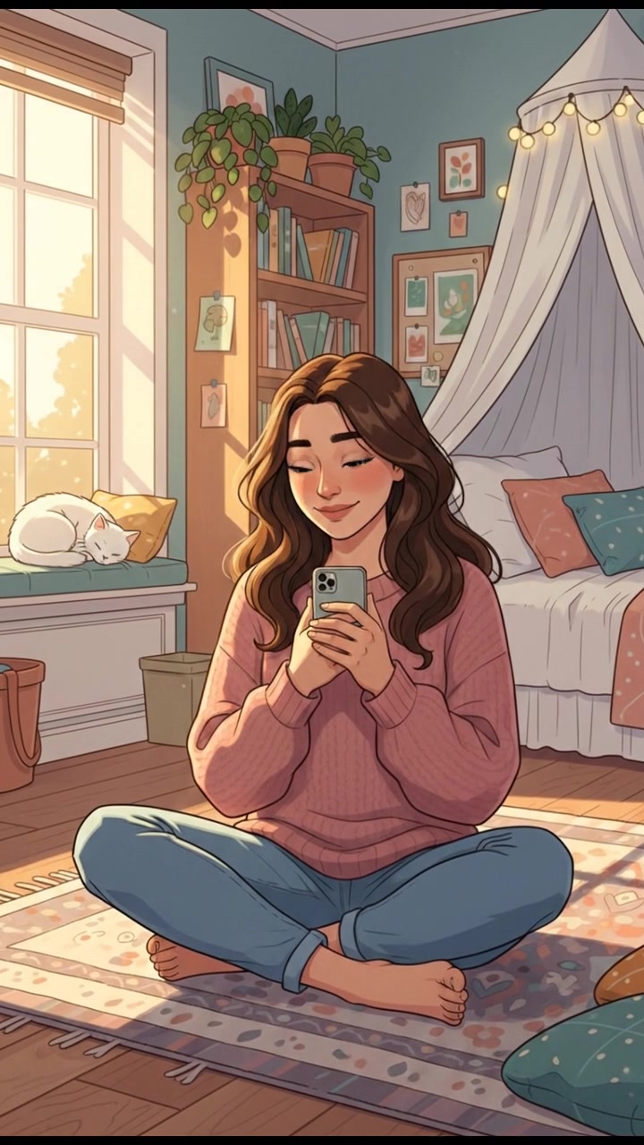 Maya sitting in her room, holding her phone to her chest, looking hopeful.