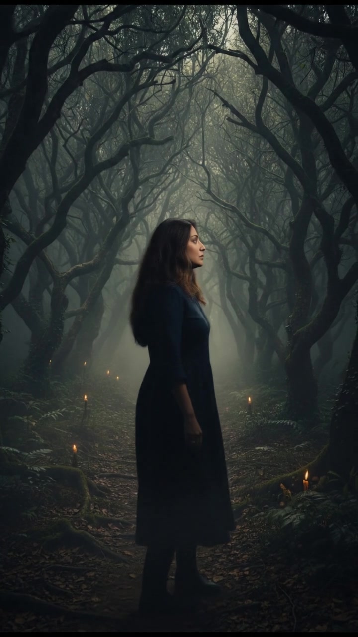 Asha standing in a dense forest, gazing thoughtfully at a misty path leading deeper into the woods.