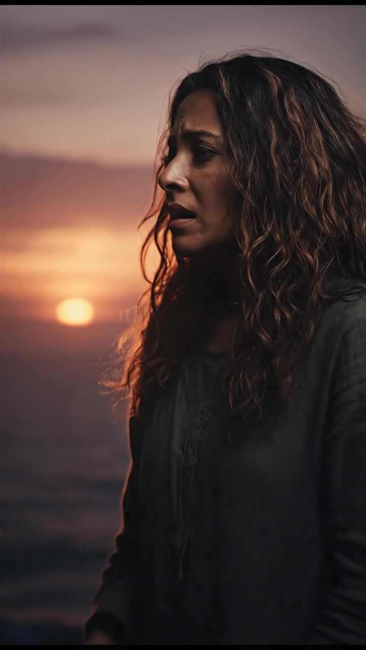 Asha stands alone on a cliff at sunset, looking distressed as she gazes at the horizon.