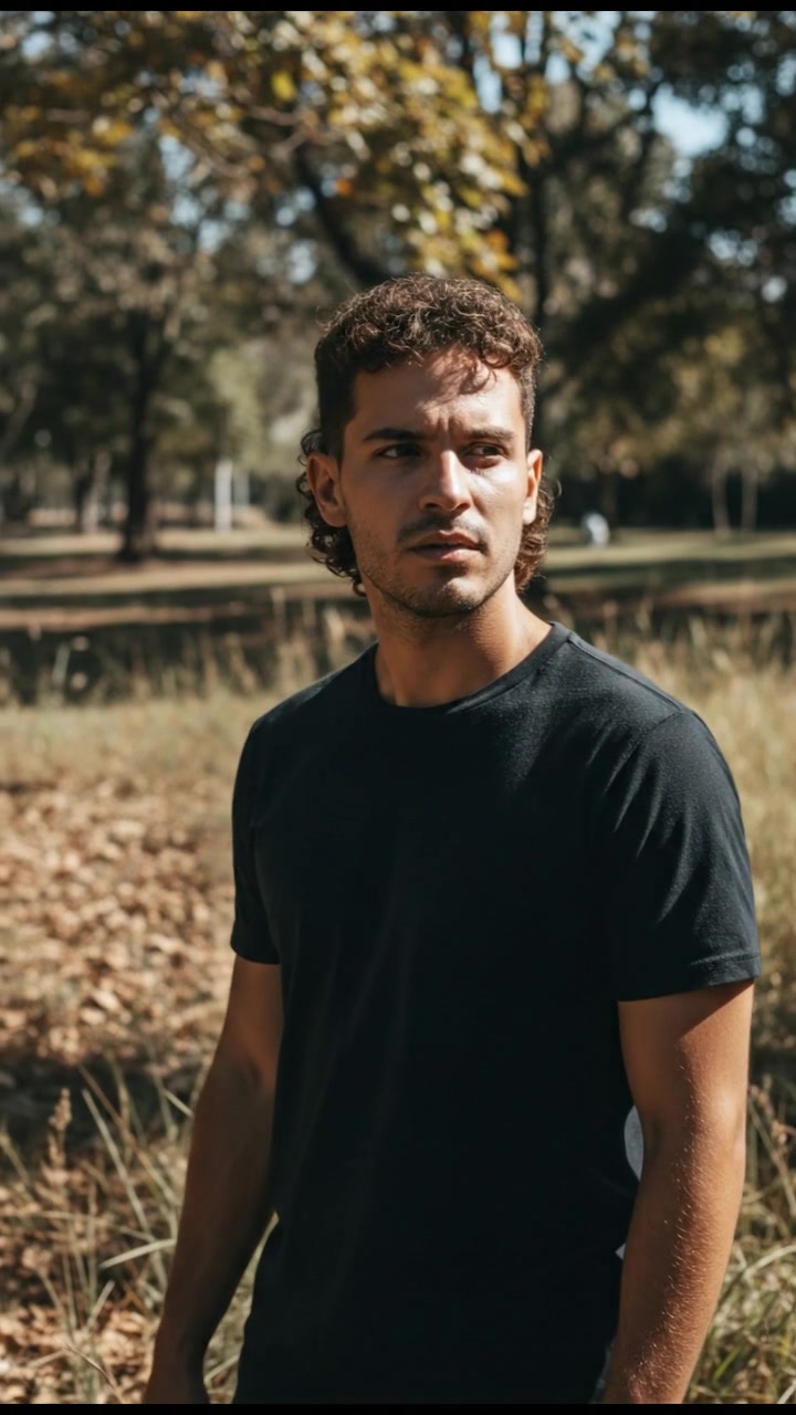 Mateo standing in a sunlight-filled park, looking determined.