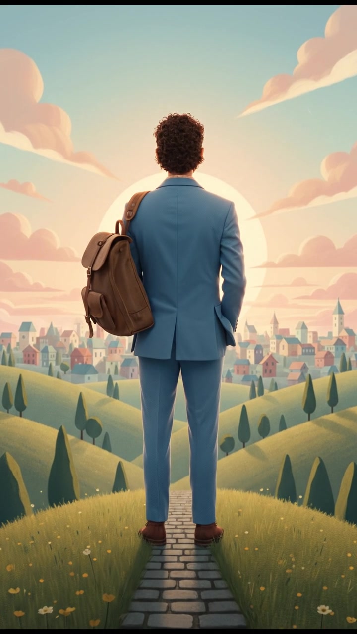 The Mateo stands on a hilltop, looking at the sunrise with a hopeful expression.