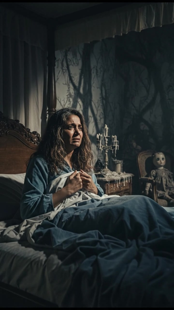 Asha resting in bed, surrounded by a dimly lit room, showing signs of distress.