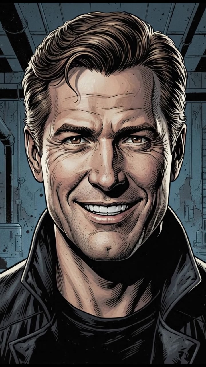 A close-up of Mark, grinning widely, with shadows emphasizing his face, in a dimly lit room.