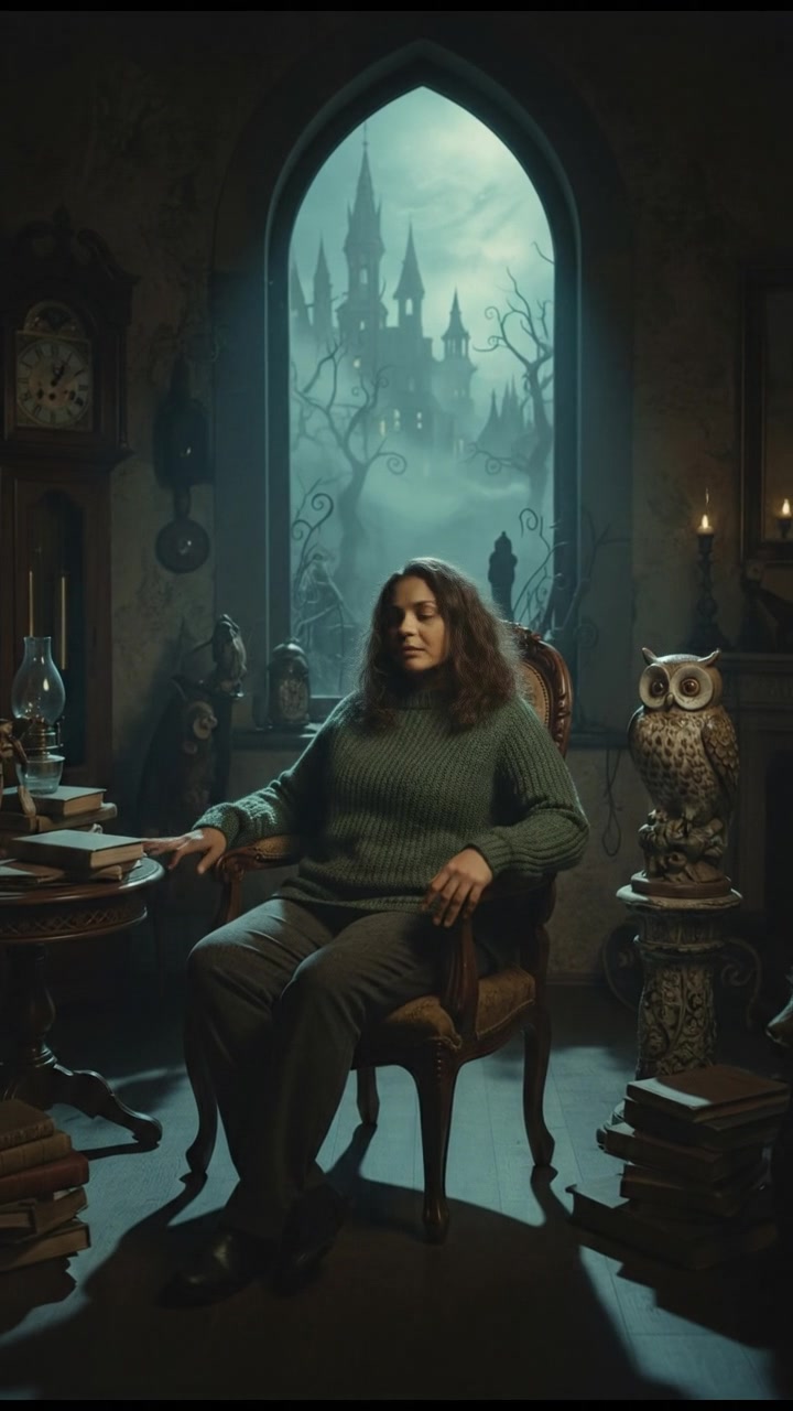 Asha sitting on a chair by the window, looking contemplative in a cozy living room.