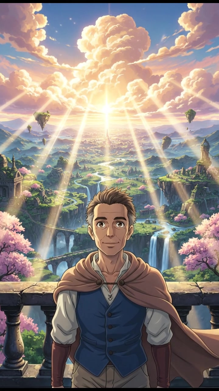 Bright rays of morning light breaking through clouds, illuminating Omar as he stands outside.