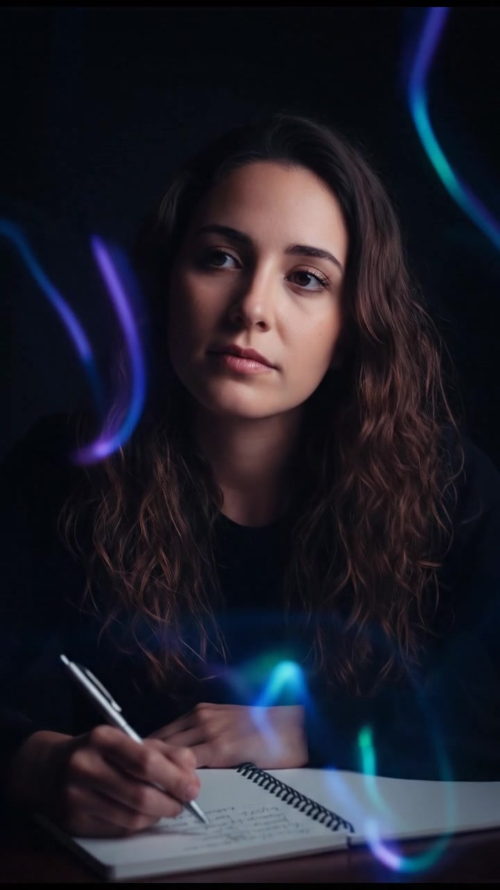 A close-up of Maya looking contemplative, sitting at a desk with a notepad and pen.