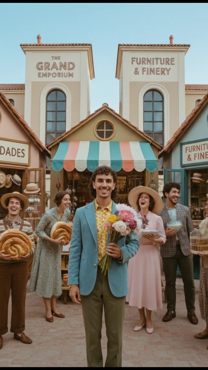 A bustling market scene with small shops, showcasing Mateo interacting with happy customers, while larger stores are visible in the background.