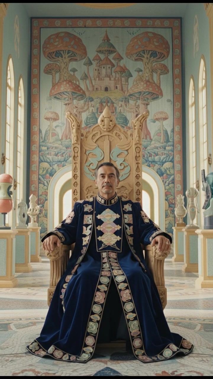 Hiro seated on a grand throne, wearing royal robes in a decorated hall.