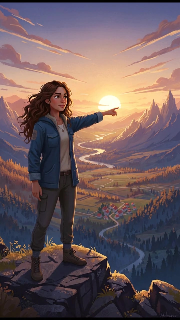 Maya standing on a hilltop overlooking a landscape, pointing towards the horizon.