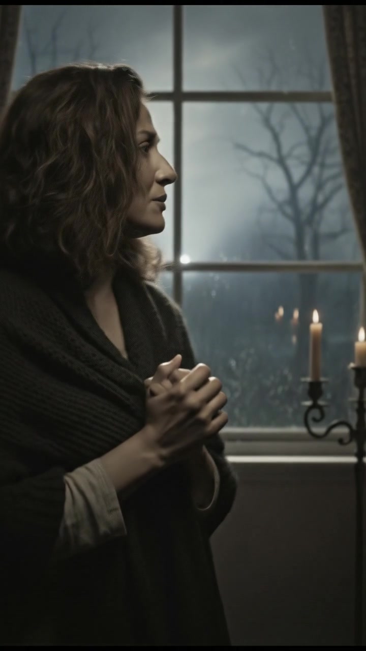 Asha stands in her dimly lit living room, hands clasped, her voice trembling as she gazes outside.