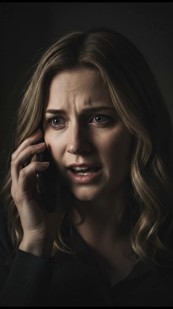 A close-up of Ashley's worried face as she speaks into the phone, with her hands trembling.