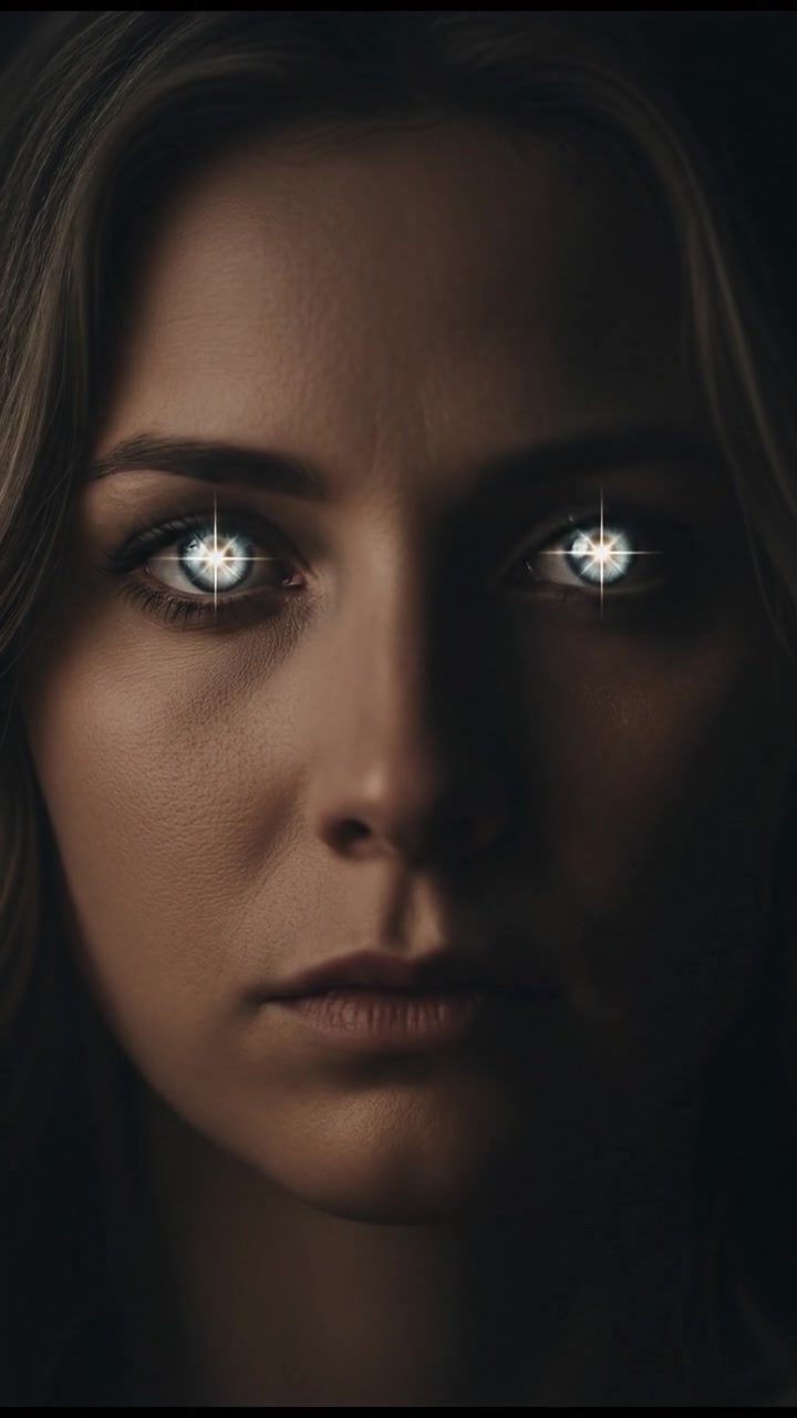 A close-up of Ashley's eyes, reflecting a spark of light from a distant object.