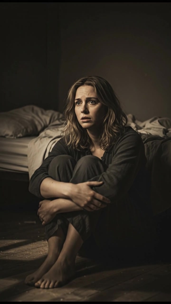 A dark room with shadows, a bed unmade in the corner, with Ashley sitting on the floor, looking anxious.
