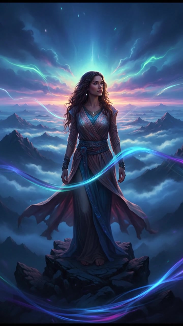 The Maya standing on a misty mountain ridge, gazing out at a sunset with clouds drifting below.