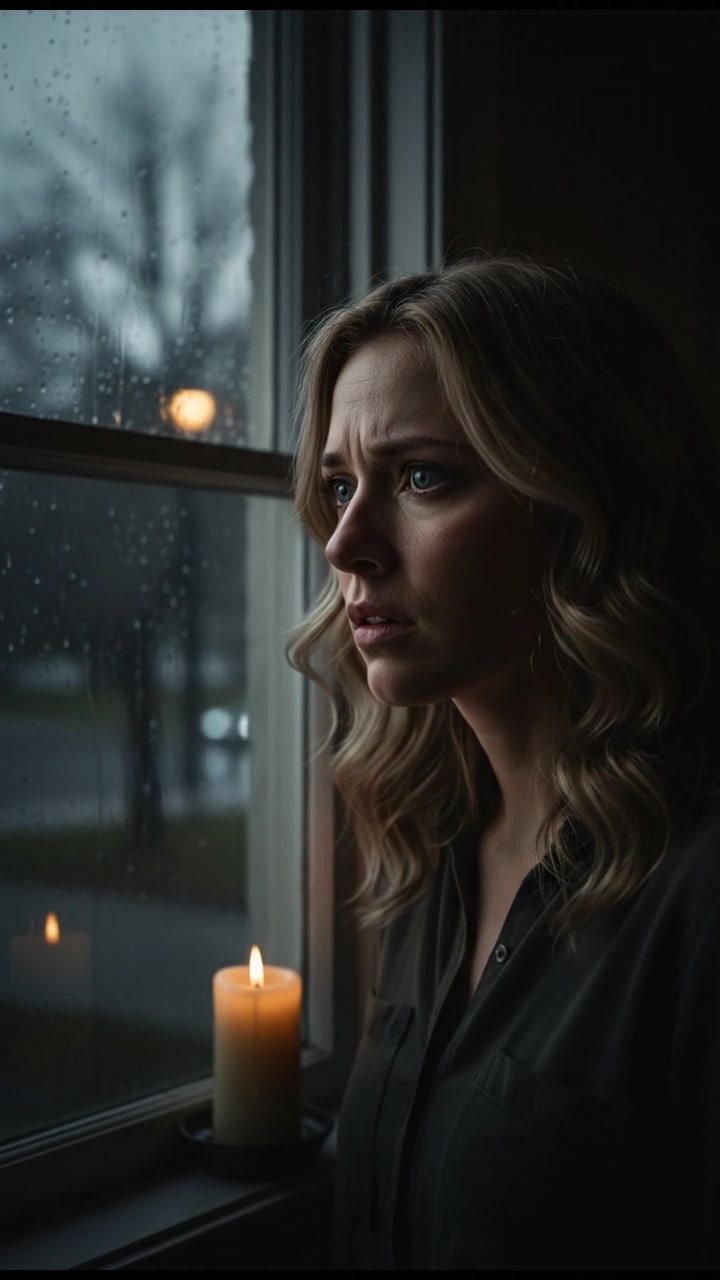 A close-up of Ashley's face, with a worried expression as she stands near a window, looking out into the rain.