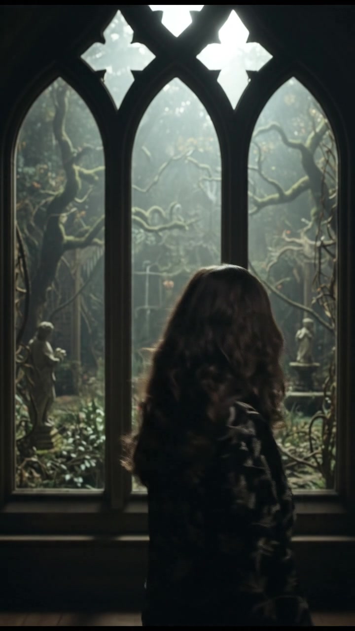 The Asha gazing out of a window at a garden, showing determination and peace.