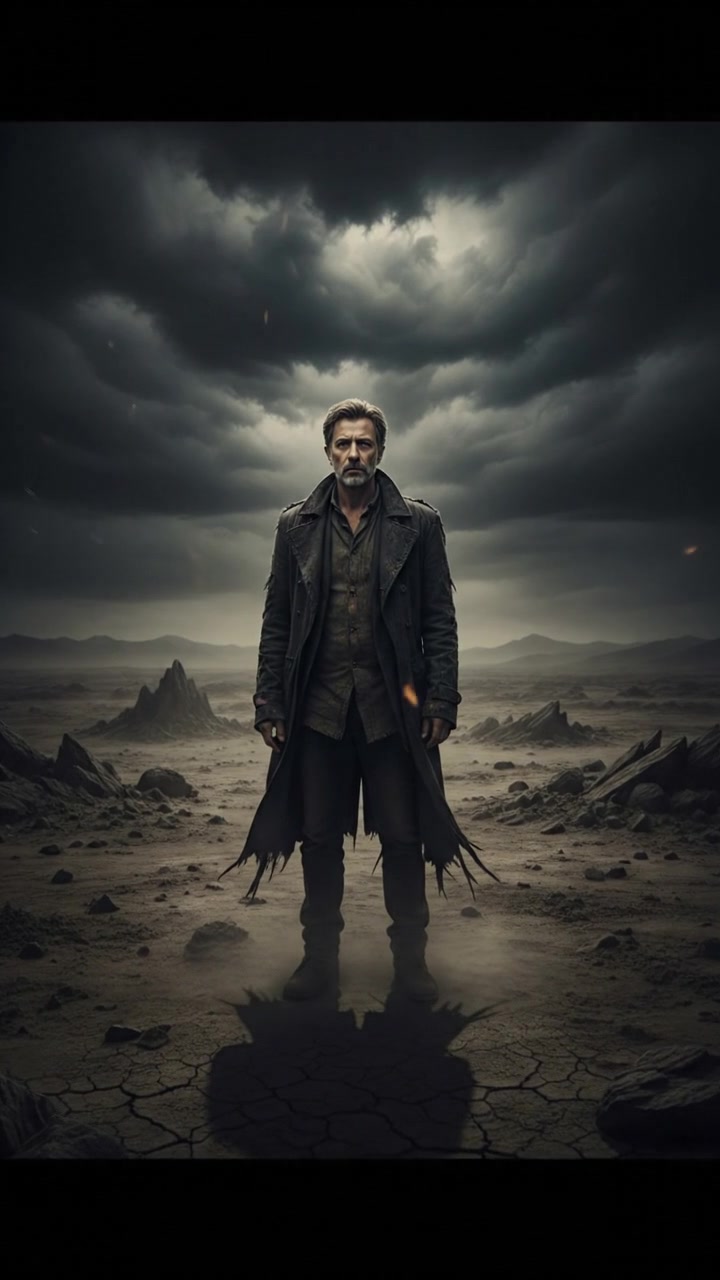 Wide shot of Omar standing alone in a desolate landscape, with dark clouds overhead.