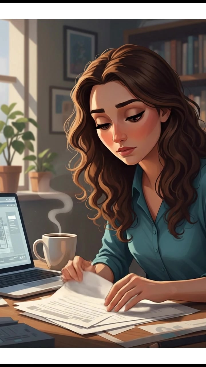 A close-up of Maya looking thoughtfully at documents on a desk, with a laptop and a mug of coffee beside her.