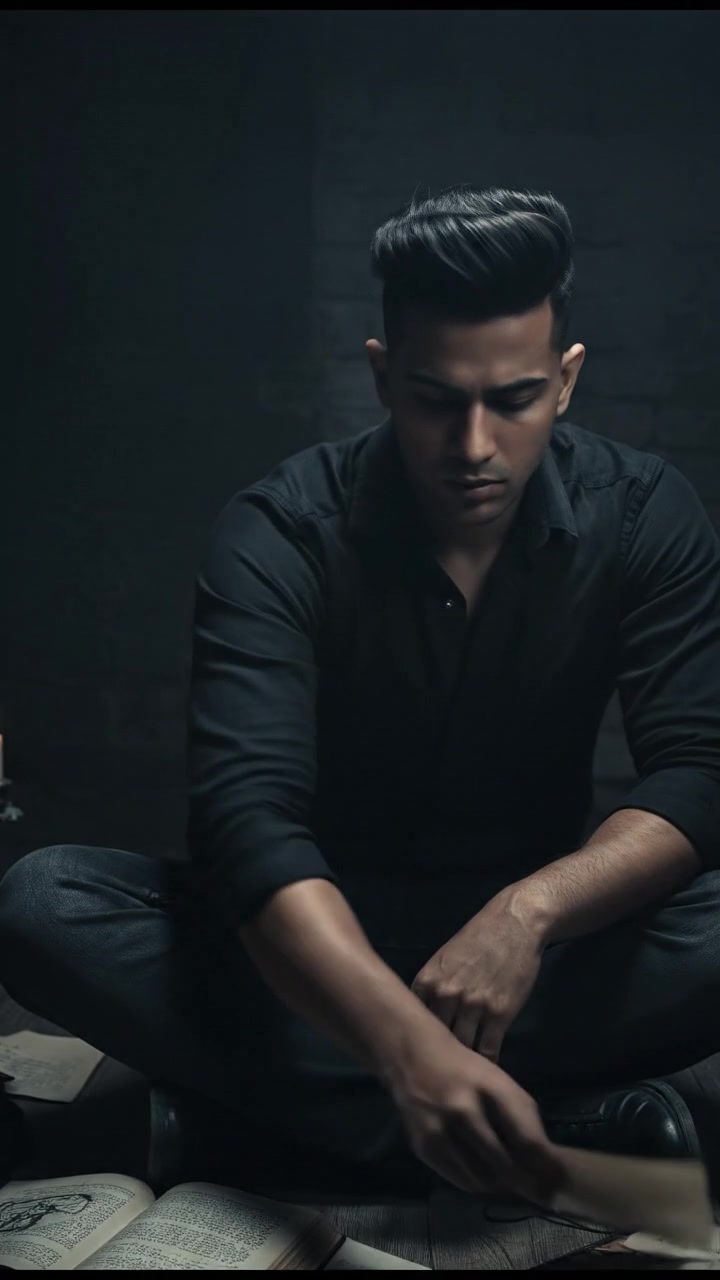 Arjun sitting cross-legged on the floor, surrounded by notes and books, deep in thought.