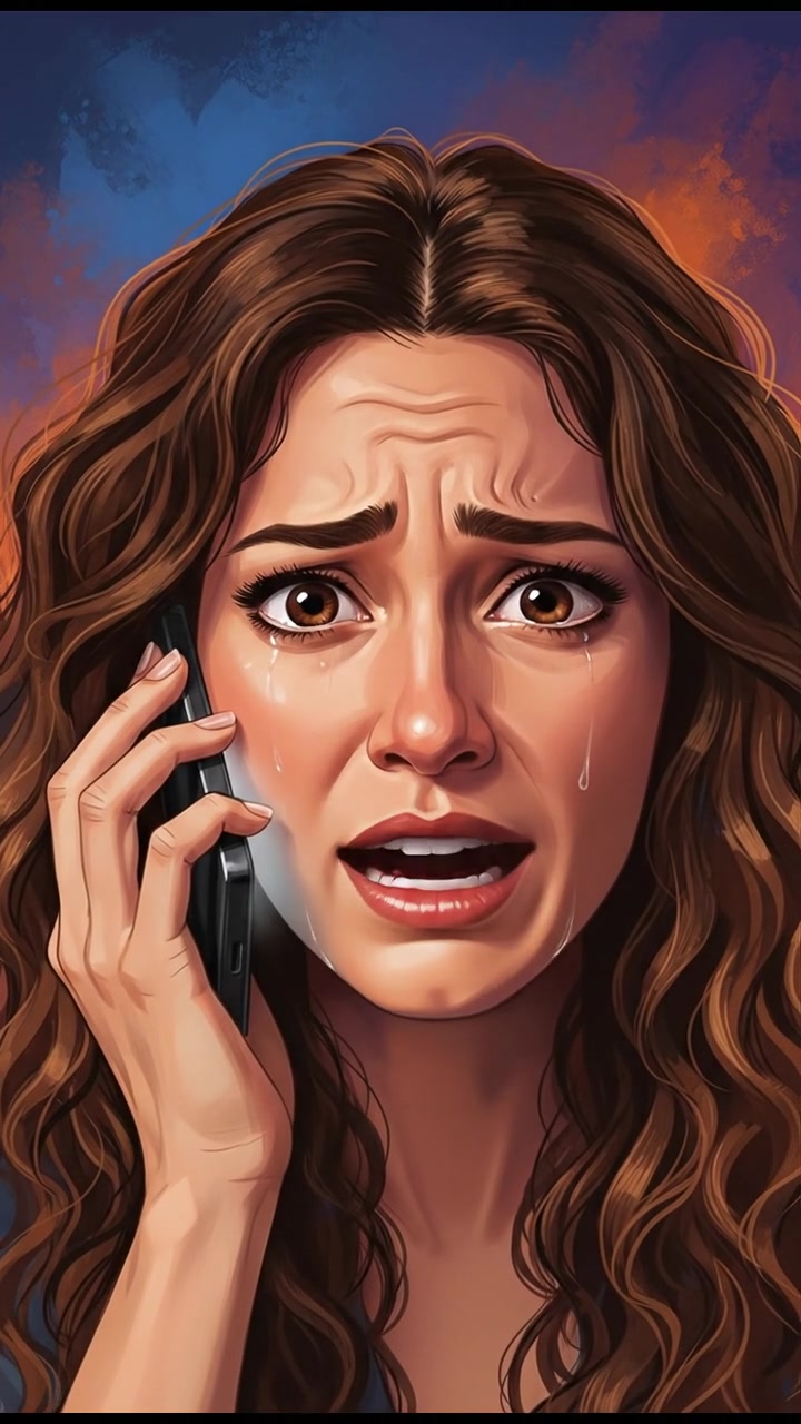 A close-up of Maya's distressed face as she speaks into her phone, her hands gripping it tightly.