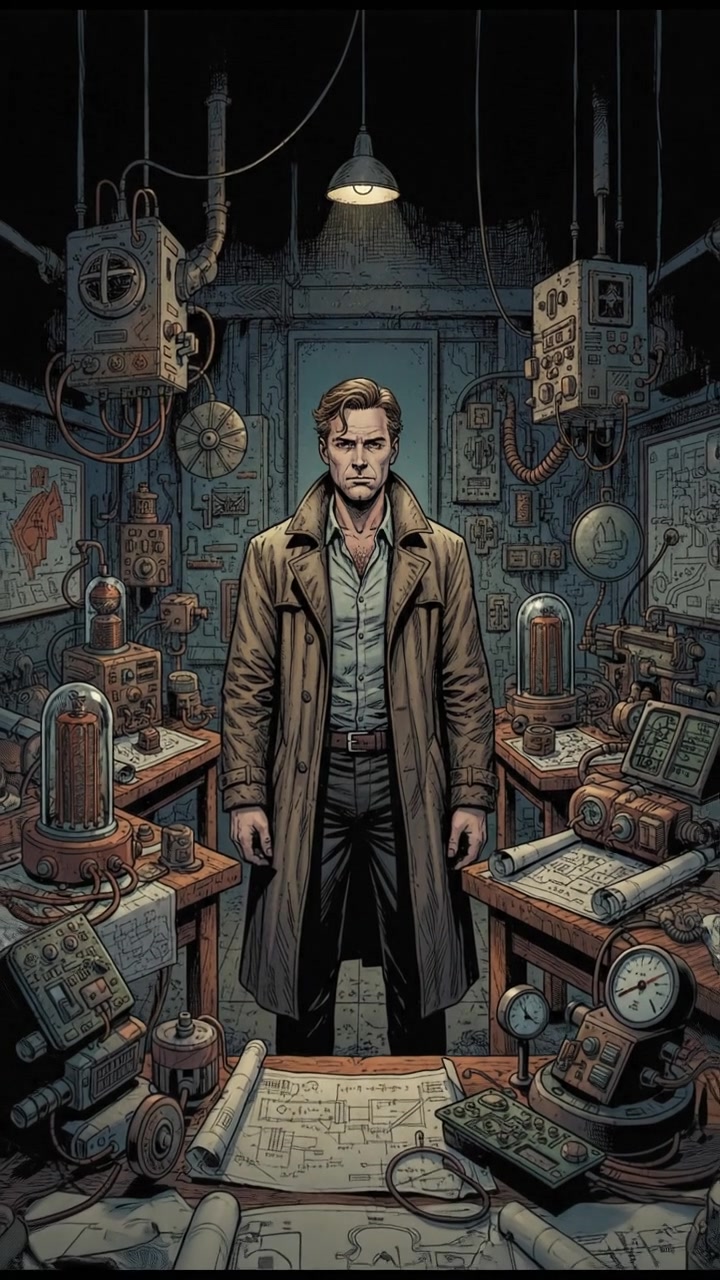 The Mark is standing in a dimly lit room, surrounded by cluttered tables filled with strange gadgets and blueprints.
