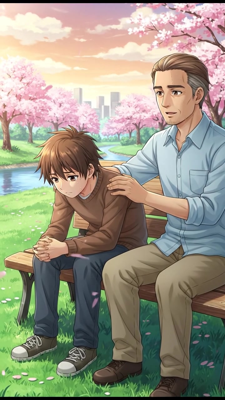 Khalid sitting on a wooden bench at a park, visibly exhausted, looking down with his hands clasped.