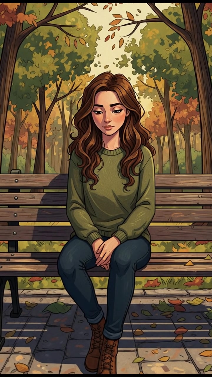 The Maya sits on a park bench, looking thoughtfully at the ground, with trees in the background.