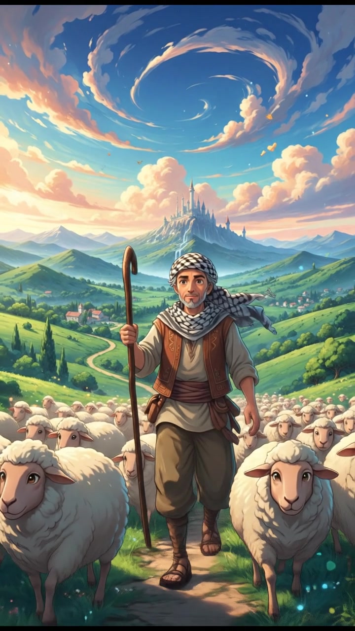 A panoramic view of Omar guiding his sheep, with rolling hills and blue sky in the background.