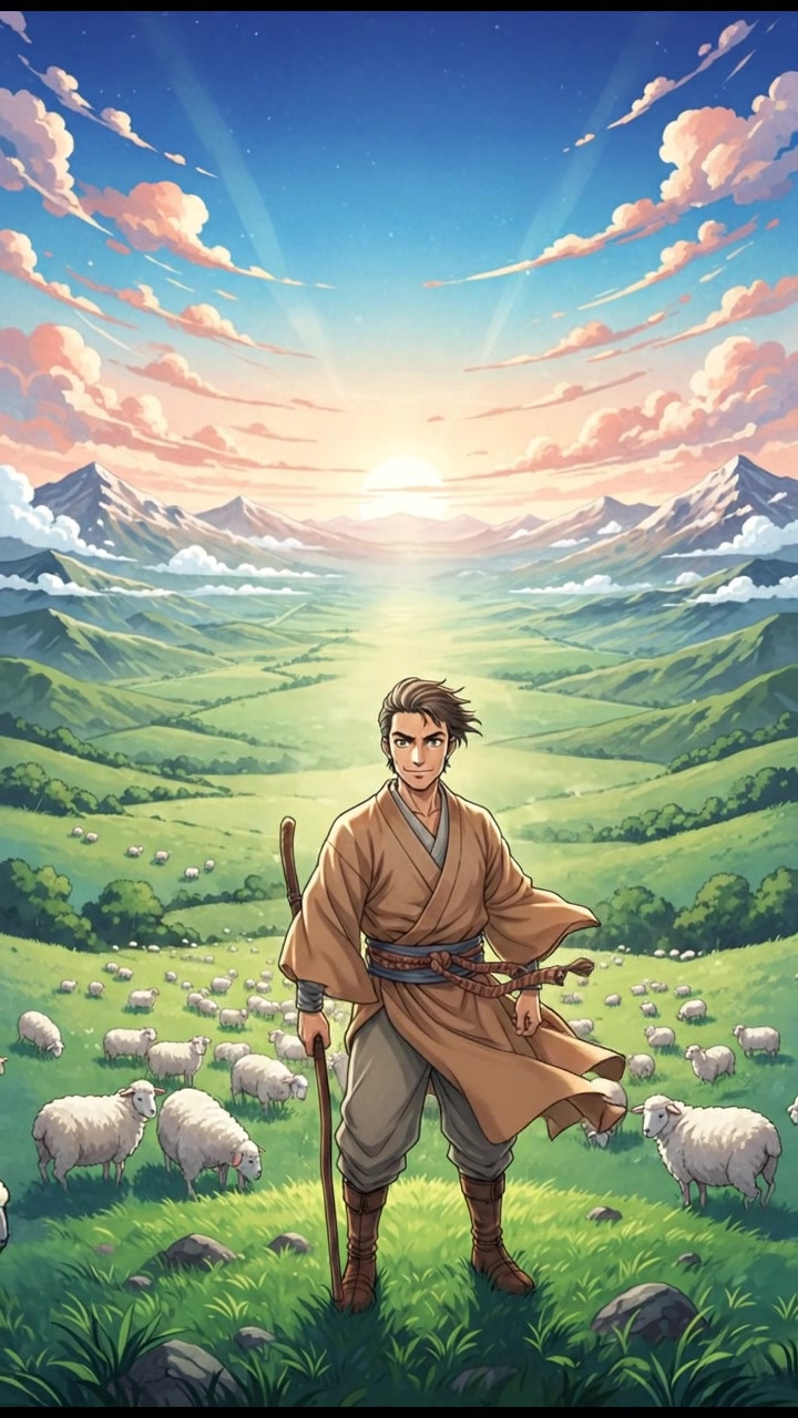 Omar standing confidently on a hilltop, overlooking a large flock of sheep grazing on green grass.