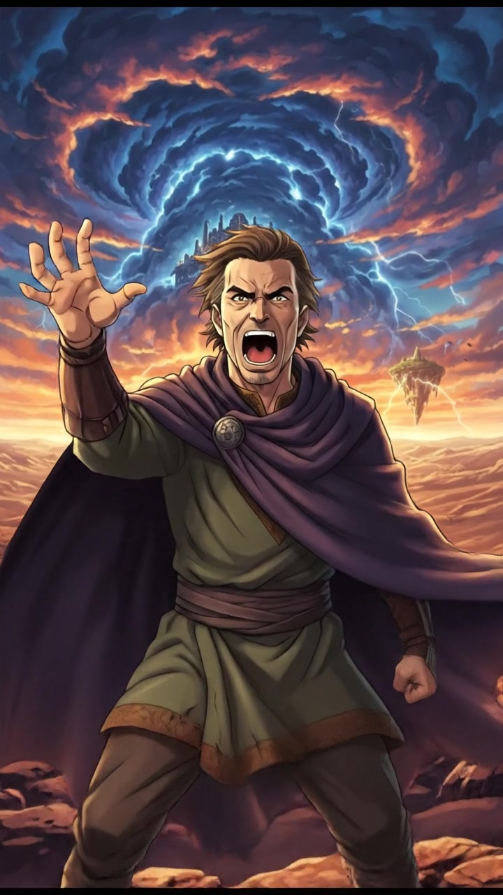 Omar stands defiantly on a rocky terrain, shouting at the distance.