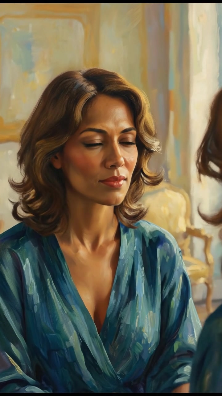 Monique gazing into a mirror, her expression turning sly as her eyes glint with ambition.