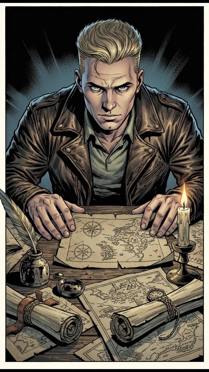 A close-up of Ryan studying documents with maps and scrolls spread across a wooden table.